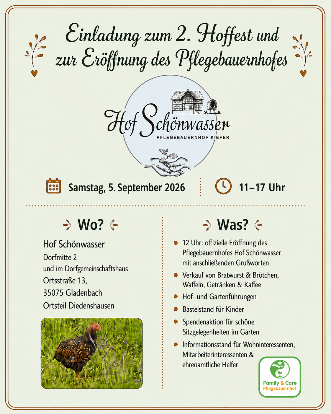Einladung zum 2. Hoffest und zur Eröffnung des Pflegebauernhofes am Samstag, 5. September 2026, von 11 bis 17 Uhr